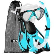 PI-PE Profi Schnorchelset mit Taucherbrille, Dry Schnorchel und Flossen fuer Erwachsene - Tauchmaske mit Snorkel fuer Damen und Herren - Anti Fog Glas Schnorchelmaske Taucherset