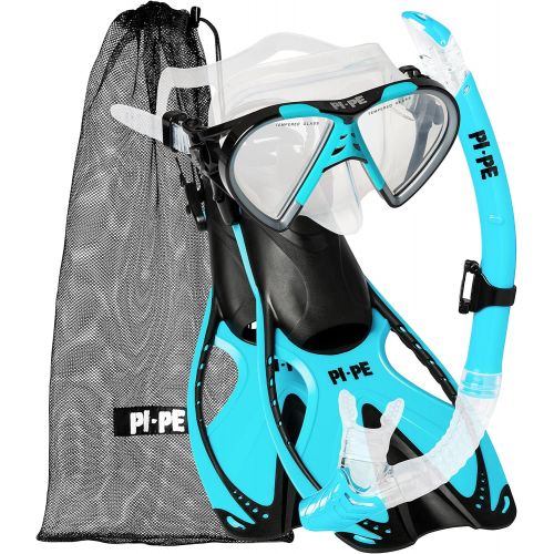  PI-PE Profi Schnorchelset mit Taucherbrille, Dry Schnorchel und Flossen fuer Erwachsene - Tauchmaske mit Snorkel fuer Damen und Herren - Anti Fog Glas Schnorchelmaske Taucherset