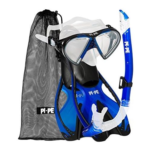  PI-PE Profi Schnorchelset mit Taucherbrille, Dry Schnorchel und Flossen fuer Erwachsene - Tauchmaske mit Snorkel fuer Damen und Herren - Anti Fog Glas Schnorchelmaske Taucherset