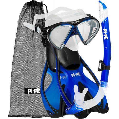  PI-PE Profi Schnorchelset mit Taucherbrille, Dry Schnorchel und Flossen fuer Erwachsene - Tauchmaske mit Snorkel fuer Damen und Herren - Anti Fog Glas Schnorchelmaske Taucherset