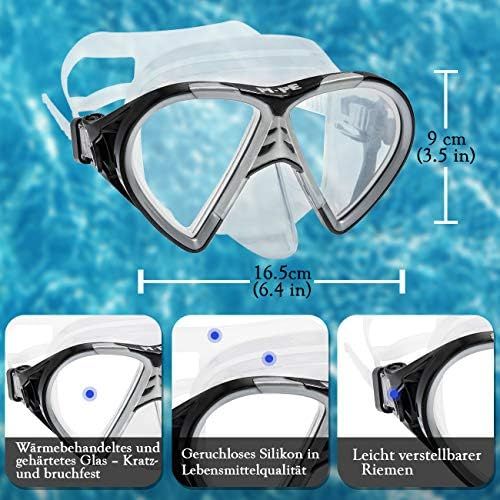  PI-PE Profi Schnorchelset mit Taucherbrille und Dry Schnorchel fuer Erwachsene - Schwarze Tauchmaske mit Snorkel fuer Damen und Herren - Anti Fog Glas Schnorchelmaske Taucherset