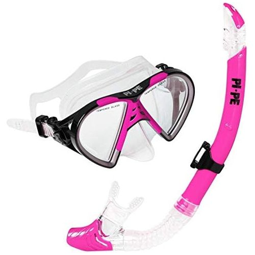  PI-PE Profi Schnorchelset mit Taucherbrille und Dry Schnorchel fuer Erwachsene - Schwarze Tauchmaske mit Snorkel fuer Damen und Herren - Anti Fog Glas Schnorchelmaske Taucherset