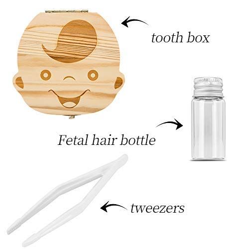  PITAYA Baby Tooth Box ,Wooden Kids Keepsake Organizer for Baby Teeth, Cute Children Tooth Container with Tweezers and lanugo Bottle to Keep the Childhood Memory (Boy)