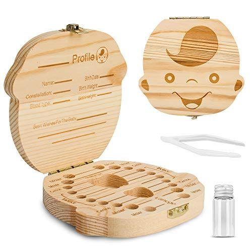  PITAYA Baby Tooth Box ,Wooden Kids Keepsake Organizer for Baby Teeth, Cute Children Tooth Container with Tweezers and lanugo Bottle to Keep the Childhood Memory (Boy)