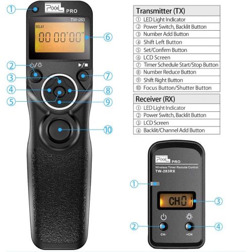  Pixel TW-283 DC2 Wireless Shutter Remote Release Control Intervalometer FSK 2.4GHz Compatible for Nikon Digital SLR Cameras D5000 D5100 D5200 D5300 D5500 D90 D7000 D7100 D7200