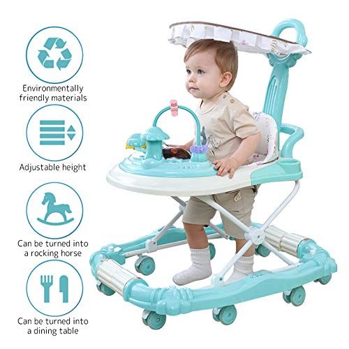  PLAFUETO 3 in 1 Baby Walker Rocking Horse Walk-Behind Walker Rollover Prevention 8 Silent Wheels Adjustable Seat Height Double Parking Brakes 2 Push Bars Canopy Purple