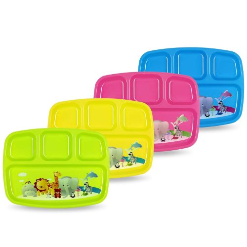  PLASKIDY Plaskidy Kids Divided Plates - Set of 4 Plastic Toddler Plates with Dividers Brightly Colored with Super Cute Zoo Design - Toddlers Compartment Plates Reusable Dishwasher Safe BPA