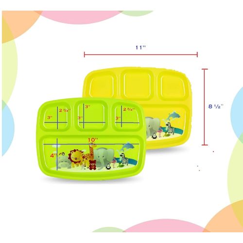  PLASKIDY Plaskidy Kids Divided Plates - Set of 4 Plastic Toddler Plates with Dividers Brightly Colored with Super Cute Zoo Design - Toddlers Compartment Plates Reusable Dishwasher Safe BPA