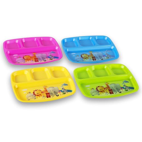  PLASKIDY Plaskidy Kids Divided Plates - Set of 4 Plastic Toddler Plates with Dividers Brightly Colored with Super Cute Zoo Design - Toddlers Compartment Plates Reusable Dishwasher Safe BPA