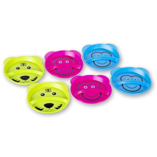  PLASKIDY Plaskidy Kids Plastic Divided Plates - Set of 6 Plastic Toddler Plates with Dividers Brightly Colored Super Cute Bear Shaped - Toddlers Compartment Plates Reusable Dishwasher Safe