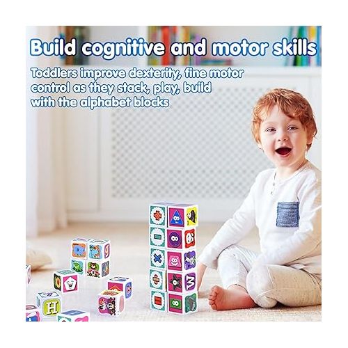  PLAY ABC Building Blocks for Toddlers 1-3, 28 PCS Plastic Baby Alphabet Letters Number Stacking Blocks Set, Preschool Learning Educational Montessori Sensory Toys Gifts for Kids Girls Boys