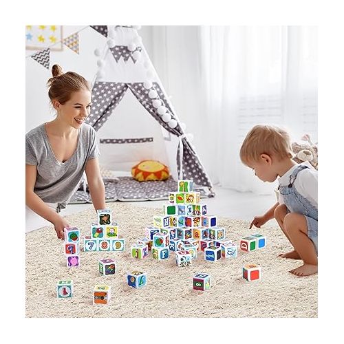  PLAY ABC Building Blocks for Toddlers 1-3,28pcs Plastic Baby Alphabet Letters Number Stacking Blocks, Preschool Learning Educational Montessori Sensory Toys Gifts for Kids Girls Boys