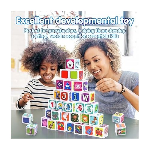  PLAY ABC Building Blocks for Toddlers 1-3, 28 PCS Plastic Baby Alphabet Letters Number Stacking Blocks Set, Preschool Learning Educational Montessori Sensory Toys Gifts for Kids Girls Boys