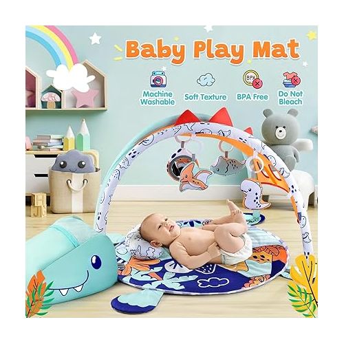  PLAY 4-in-1 Baby Play Mat - Dinosaur Baby Gyms & Playmats Tummy Time Mat Washable, Baby Activity Center with 4 Sensory Toys & 1 Soft Pillow, Develop Motor Skills, Gift for Newborn Toddler Infant