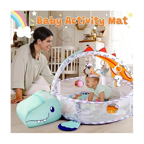  PLAY 4-in-1 Baby Play Mat - Dinosaur Baby Gyms & Playmats Tummy Time Mat Washable, Baby Activity Center with 4 Sensory Toys & 1 Soft Pillow, Develop Motor Skills, Gift for Newborn Toddler Infant