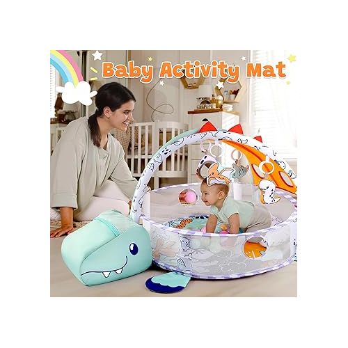  PLAY 4-in-1 Baby Play Mat - Dinosaur Baby Gyms & Playmats Tummy Time Mat Washable, Baby Activity Center with 4 Sensory Toys & 1 Soft Pillow, Develop Motor Skills Gift for Newborn Toddler - Multi