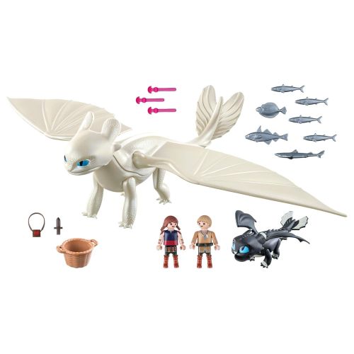 플레이모빌 Playmobil Ruffnut and Tuffnut with Flight Suit and Light Fury with Baby Dragon and Children