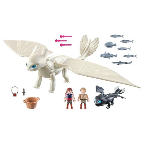 플레이모빌 Playmobil Light Fury with Baby Dragon and Children and Astrid with Hobgobbler