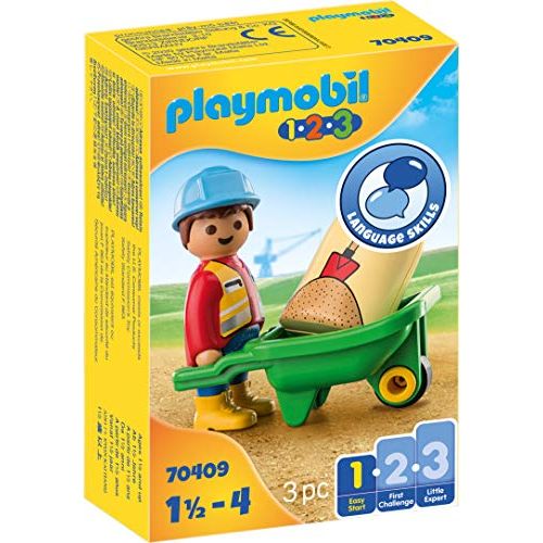 플레이모빌 Playmobil Construction Worker with Wheelbarrow 70409 1.2.3 for Young Kids