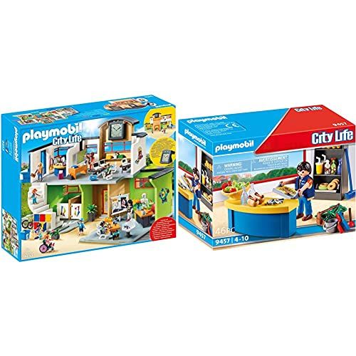 플레이모빌 PLAYMOBIL 9453 Spielzeug-Grosse Schule mit Einrichtung & 9457 Spielzeug-Hausmeister mit Kiosk