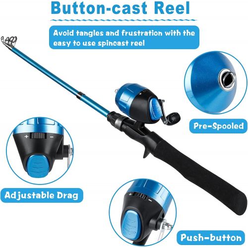  PLUSINNO Kids Fishing Pole,Telescopic Fishing Rod and Reel Combos with Spincast Fishing Reel and String with Fishing Line