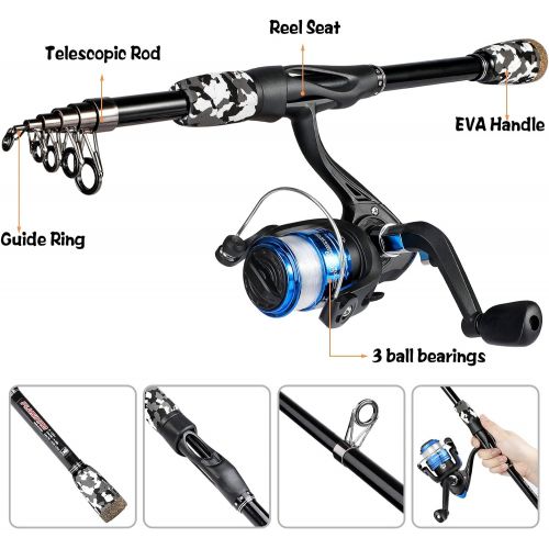  PLUSINNO Kids Fishing Pole, Portable Telescopic Fishing Rod and Reel Combo Kit - with Spinning Fishing Reel Tackle Box for Boys, Girls, Youth
