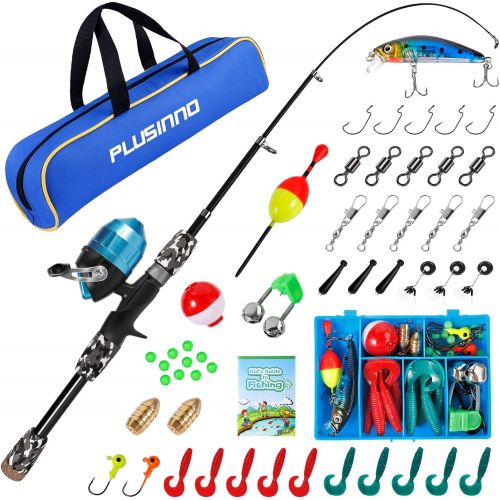  PLUSINNO Kids Fishing Pole with Spincast Reel Telescopic Fishing Rod Combo Full Kits for Boys, Girls, and Adults