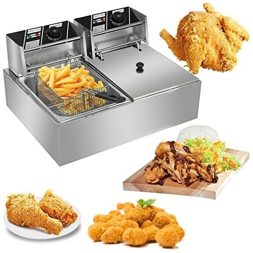  PMSW Electric Deep Fryer, Stainless Steel Professional Commercial Frying Machine Chicken Chips French Fryer with Basket &Lid for Commercial Restaurant Countertop Family Food Cookin