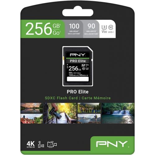  PNY 256GB PRO Elite Class 10 U3 V30 SDXC Flash Memory Card - 100MB/s, Class 10, U3, V30, 4K UHD, Full HD, UHS-I, Full Size SD