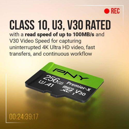  PNY 128GB Premier-X Class 10 U3 V30 microSDXC Flash Memory Card - 100MB/s, Class 10, U3, V30, A1, 4K UHD, Full HD, UHS-I, Micro SD