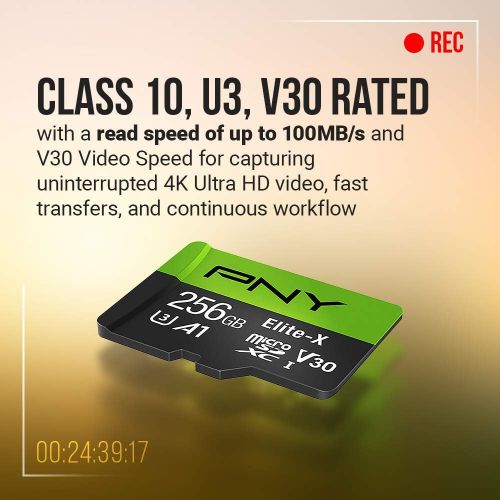  PNY 64GB Elite-X Class 10 U3 V30 microSDXC Flash Memory Card - 100MB/s, Class 10, U3, V30, A1, 4K UHD, Full HD, UHS-I, micro SD