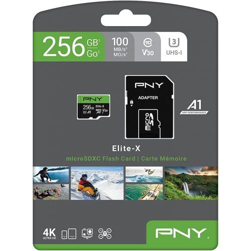  PNY 256GB Elite-X Class 10 U3 V30 microSDXC Flash Memory Card - 100MB/s, Class 10, U3, V30, A1, 4K UHD, Full HD, UHS-I, micro SD