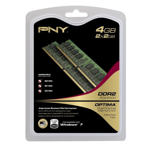  PNY Optima 4GB (2x2 GB) DDR2 800 MHz PC2-6400 Desktop DIMM Memory Module Dual Channel Kit - MD4096KD2-800