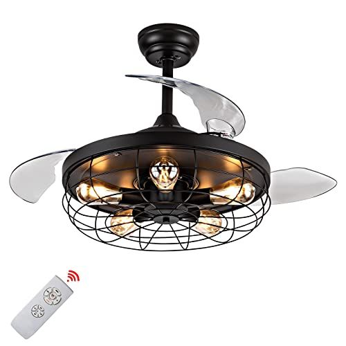  POCHFAN Industrial Ceiling Fan with Lights , Retractable ceiling fan with lights remotet control , Caged Ceiling Fan , 42 Inch