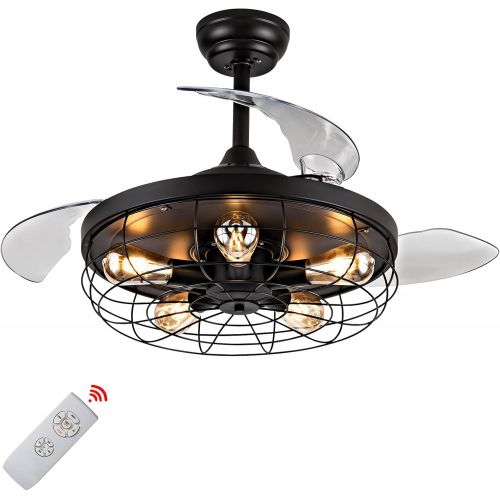  POCHFAN Industrial Ceiling Fan with Lights , Retractable ceiling fan with lights remotet control , Caged Ceiling Fan , 42 Inch