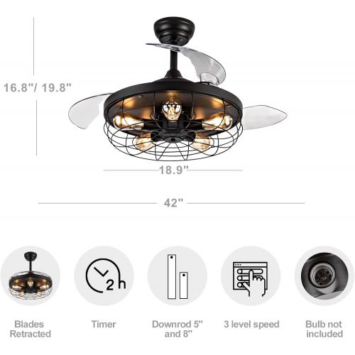  POCHFAN Industrial Ceiling Fan with Lights , Retractable ceiling fan with lights remotet control , Caged Ceiling Fan , 42 Inch