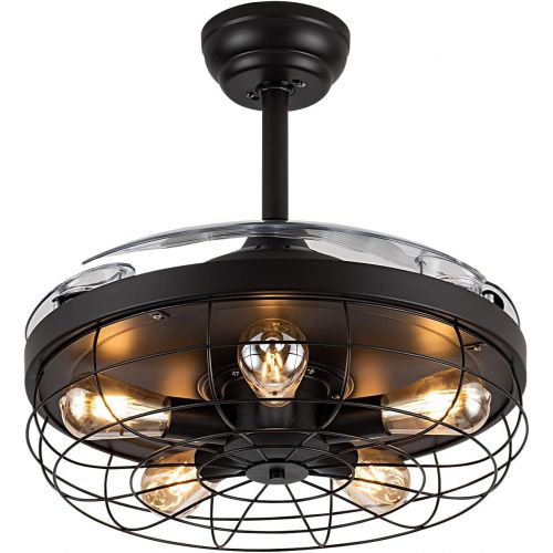  POCHFAN Industrial Ceiling Fan with Lights , Retractable ceiling fan with lights remotet control , Caged Ceiling Fan , 42 Inch