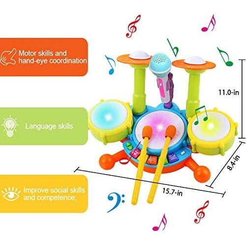  [아마존베스트]POKONBOY Kids Drum Set Toddler Toys with Adjustable Microphone, Musical Instruments Playset Fit for 2-12 Year Olds Boys and Girls