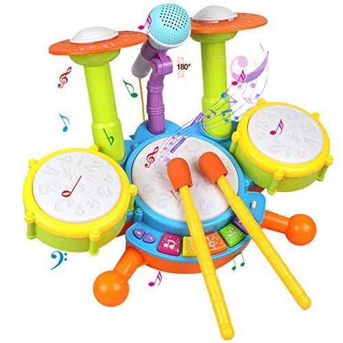  [아마존베스트]POKONBOY Kids Drum Set Toddler Toys with Adjustable Microphone, Musical Instruments Playset Fit for 2-12 Year Olds Boys and Girls