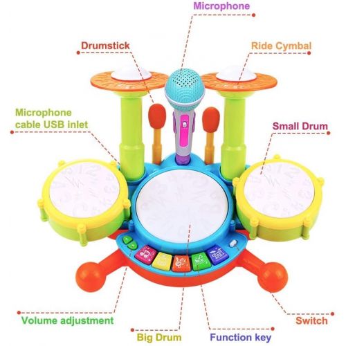  [아마존베스트]POKONBOY Kids Drum Set Toddler Toys with Adjustable Microphone, Musical Instruments Playset Fit for 2-12 Year Olds Boys and Girls