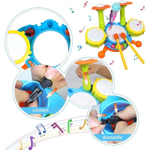  [아마존베스트]POKONBOY Kids Drum Set Toddler Toys with Adjustable Microphone, Musical Instruments Playset Fit for 2-12 Year Olds Boys and Girls