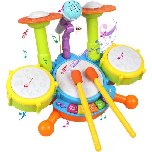  [아마존베스트]POKONBOY Kids Drum Set Toddler Toys with Adjustable Microphone, Musical Instruments Playset Fit for 2-12 Year Olds Boys and Girls