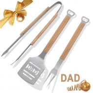 POLIGO 3 PCS Portable Camping BBQ Grill Tools Set - Premium “DAD” Spatula, Tongs, Fork with Oak Wood Handle in Package Box - Ideal Gifts for Fathers Day, Dads Birthday or Anytime f