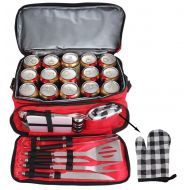 POLIGO 12pcs Stainless Steel BBQ Grill Tools Set with Red Insulated Waterproof Storage Cooler Bag for Camping - Outdoor Barbecue Grilling Accessories Set Ideal Fathers Day Birthday