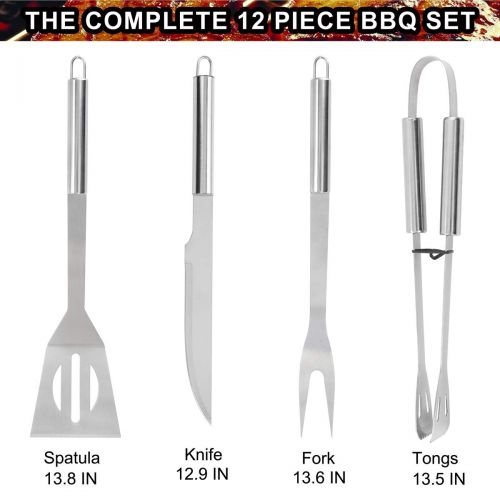  POLIGO 12pcs Stainless Steel BBQ Grill Tools Set with Red Insulated Waterproof Storage Cooler Bag for Camping - Outdoor Barbecue Grilling Accessories Set Ideal Fathers Day Birthday