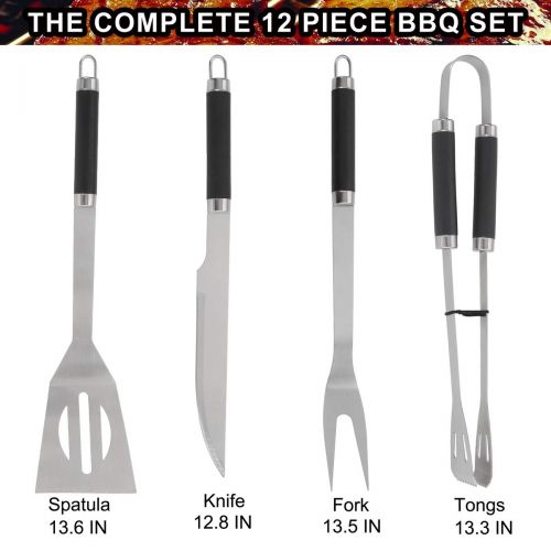  POLIGO 12pcs Stainless Steel BBQ Grill Tools Set with Red Insulated Waterproof Storage Cooler Bag for Camping - Outdoor Barbecue Grilling Accessories Set Ideal Fathers Day Birthday