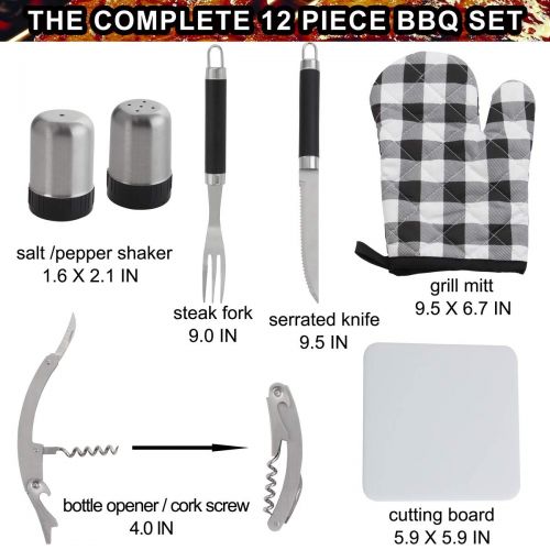  POLIGO 12pcs Stainless Steel BBQ Grill Tools Set with Red Insulated Waterproof Storage Cooler Bag for Camping - Outdoor Barbecue Grilling Accessories Set Ideal Fathers Day Birthday