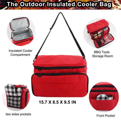  POLIGO 12pcs Stainless Steel BBQ Grill Tools Set with Red Insulated Waterproof Storage Cooler Bag for Camping - Outdoor Barbecue Grilling Accessories Set Ideal Fathers Day Birthday