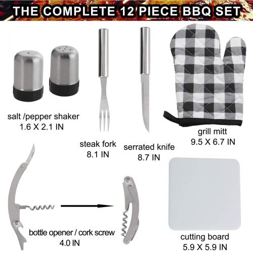  POLIGO 12pcs Stainless Steel BBQ Grill Tools Set with Red Insulated Waterproof Storage Cooler Bag for Camping - Outdoor Barbecue Grilling Accessories Set Ideal Fathers Day Birthday