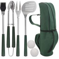 POLIGO 7pcs Golf-Club Style BBQ Grill Accessories Kit with Rubber Handle - Stainless Steel BBQ Tools in Bag for Camping - Premium Grilling Utensils Set Ideal Christmas Birthday Gif